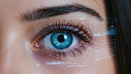 Caucasian woman with blue eye showcasing digital interface and data analytics Technology, innovation, youth culture