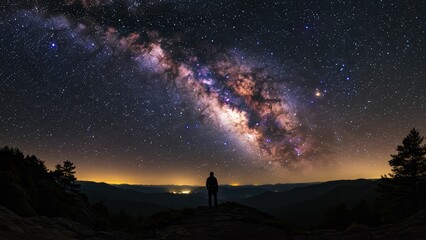Male stargazer silhouetted against Milky Way over mountain landscape at night Themes of exploration and natural beauty