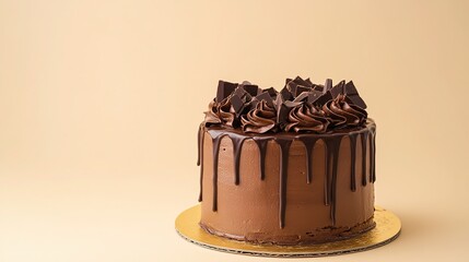 Delicious chocolate cake elegantly decorated with dark chocolate, presented on a golden mat against a beige background. Captured in a raw style to highlight its rich texture and luxurious appeal.