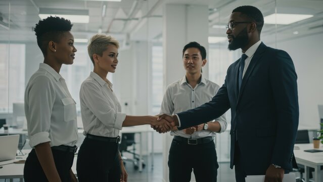 Black businessman shakes hands with Black and Caucasian women, Asian man in modern office Concept of teamwork and diversity