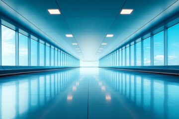 Obraz premium Modern airport corridor with glass walls reflecting bright sunlight and clear blue sky in the background