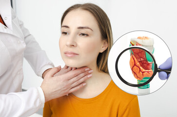 Doctor palpates of woman's neck for diagnostics of thyroid diseases and hypothyroidism with...