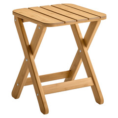A wooden folding stool with a slatted top, designed for easy storage and portability.