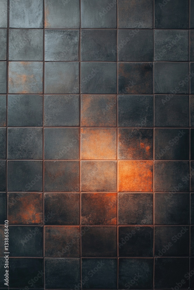 Poster dark textured tiles create an intriguing backdrop, illuminated b