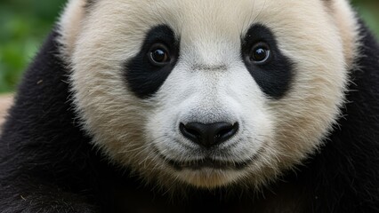 Obraz premium Giant panda faces camera in natural habitat, showcasing adorable features Highlights wildlife conservation and biodiversity