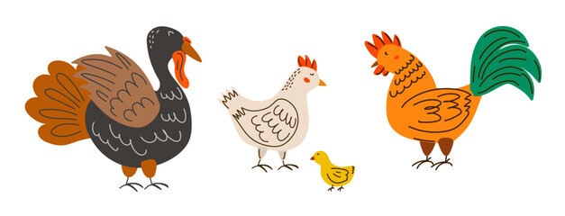 Cute farm bird set. Turkey, hen, rooster, and chick isolated illustrations. Farm animals