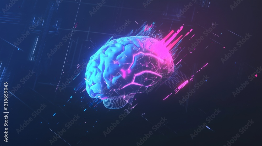 Poster a futuristic digital wallpaper featuring a glowing ai brain made of interconnected neural networks. 