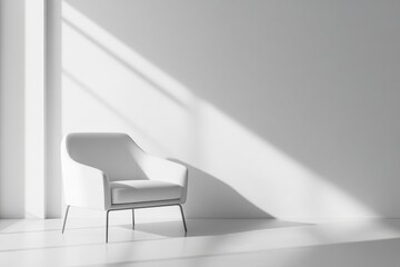 Minimalist white chair positioned in a sunlit corner of an empty room with soft shadows on the wall