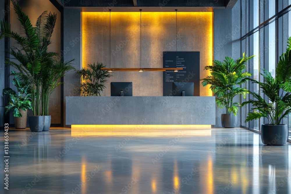 Poster modern reception area with sleek design and vibrant greenery in a contemporary building during dayti
