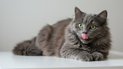 Gray domestic cat lies on white table, licks its tongue, showcasing cuteness and leisure Emphasizes pet companionship