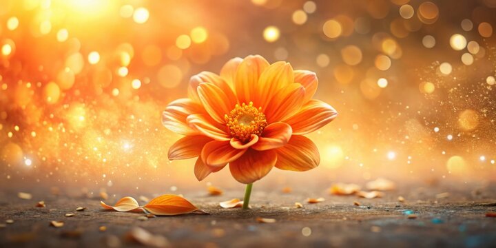 A single orange flower blooms in the center of a warm bokeh background, surrounded by fallen petals and a soft glow of golden light.