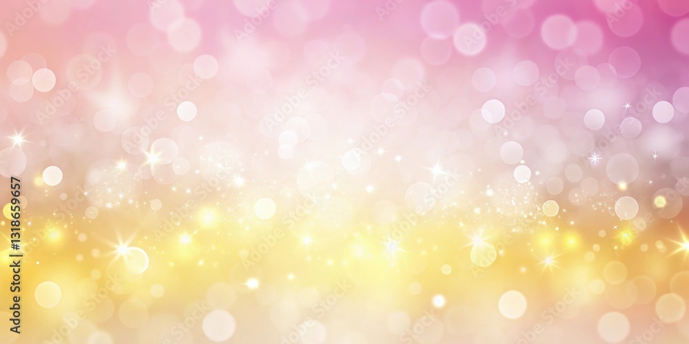 Poster abstract blurred bokeh background with warm pink and yellow hues, sparkles and lights