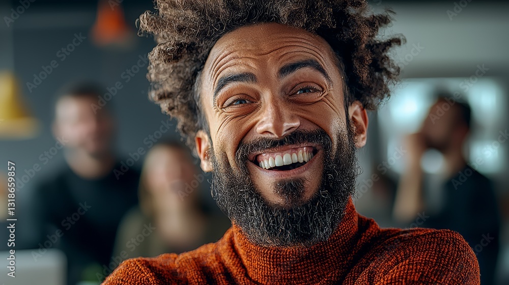 Poster man with a beard and a red sweater is smiling. he is surrounded by other people, but he is the main 