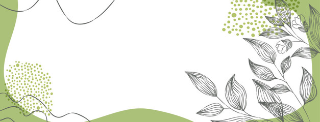 Botanical floral background with hand-drawn leaves and flowers. Green and white tones create fresh, natural look. Soft, elegant design is ideal for invitations or presentations