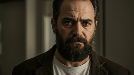 Fototapeta premium Middle aged man with a beard presents serious expression in a neutral indoor setting, conveying emotional depth and introspection