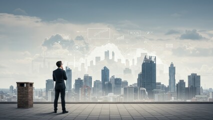 Asian man in business suit stands on rooftop, viewing modern city skyline with digital interface Concepts of finance and technology
