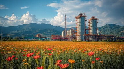 Obraz premium Vivid flower field in the foreground with an industrial plant against a mountainous backdrop