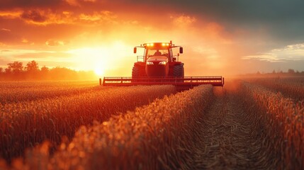 Fototapeta premium Tractor harvesting wheat at sunset with vibrant sky and distant trees creating a serene landscape