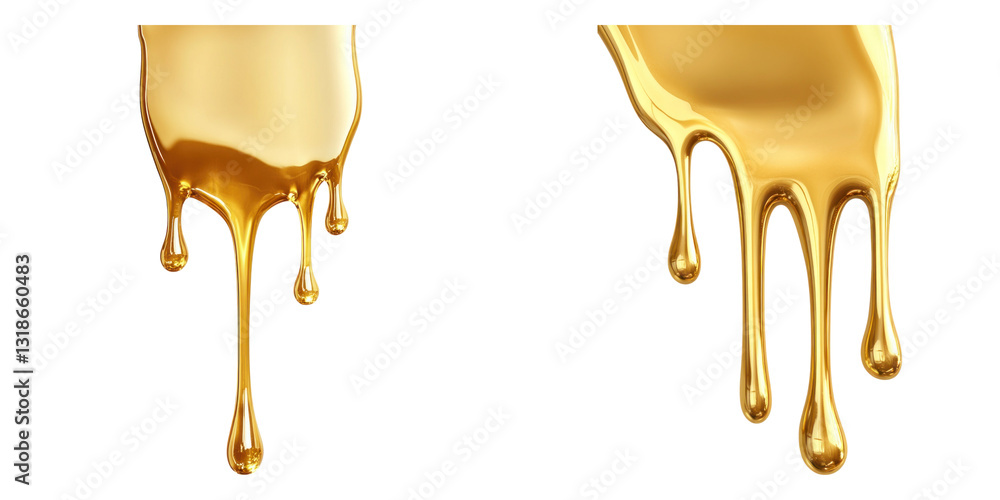 Poster golden liquid dripping on transparency background, creating luxurious effect