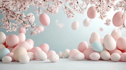 Easter festival celebrating bunny and egg traditions cherry blossom background colorful decorations joyful atmosphere