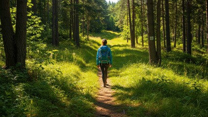 Obraz premium Female hiker on forest trail during sunny day, surrounded by tall trees and vibrant grass, representing adventure and connection with nature