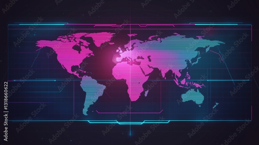 Poster a futuristic sci-fi inspired digital background featuring a holographic world map floating above a d