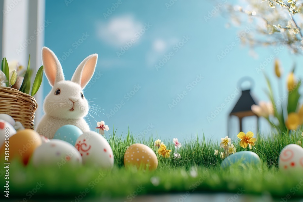 Poster rabbit is standing in a field of easter eggs. the scene is bright and cheerful, with the rabbit look