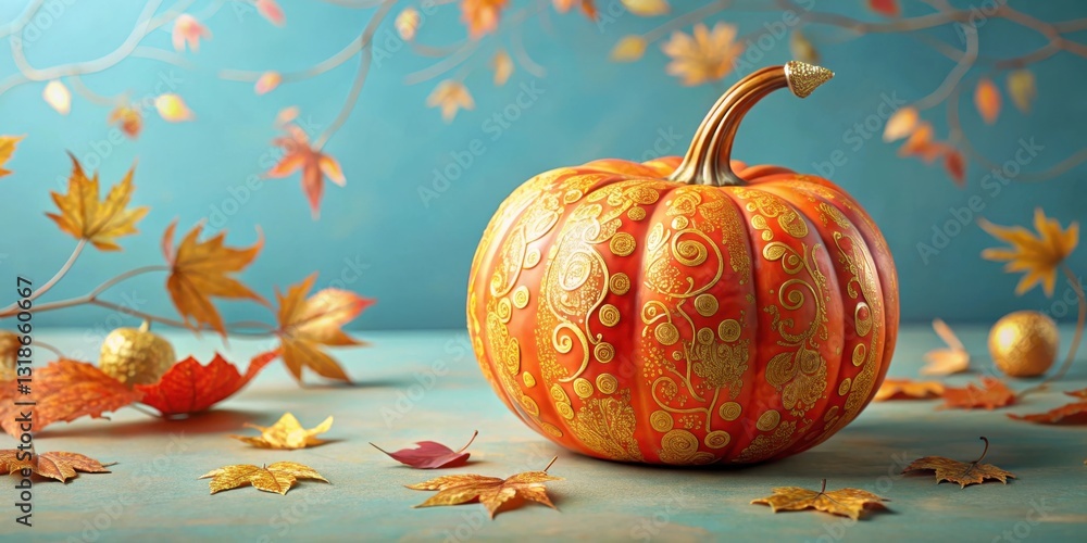 Poster a decorative pumpkin with intricate golden patterns surrounded by scattered autumn leaves on a teal 