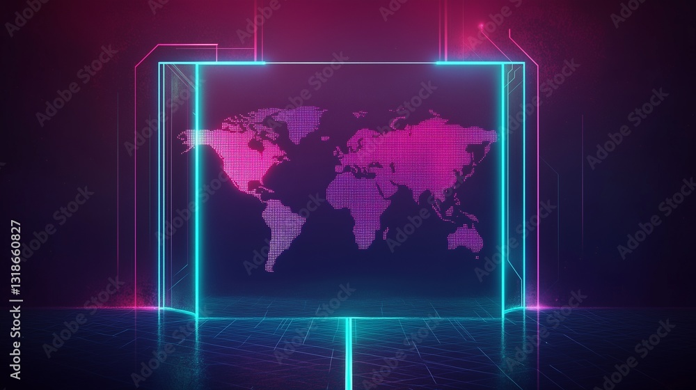 Poster a futuristic sci-fi inspired digital background featuring a holographic world map floating above a d