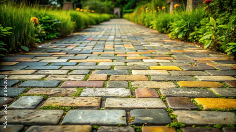 Aufkleber a stone path through a garden with lush greenery on either side, creating a sense of tranquility and