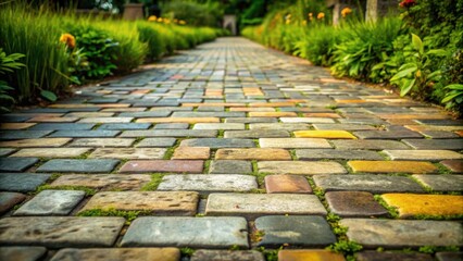 A stone path through a garden with lush greenery on either side, creating a sense of tranquility and natural beauty.