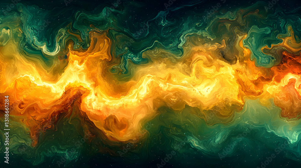 Wall mural abstract cosmic background with gold and green nebula