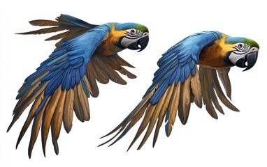 Fototapeta premium Two Blue and Gold Macaws Flying Side by Side Illustration on White