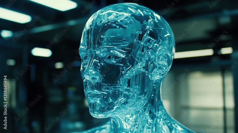 Poster transparent robotic head in a high-tech laboratory, showcasing intricate circuitry and design