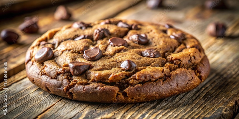 Aufkleber close-up of a single chocolate chip cookie on a rustic wooden table, with scattered chocolate chips 
