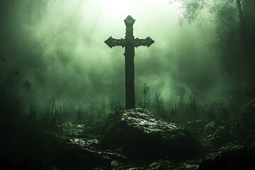 Naklejka premium A weathered stone sword stands firmly in a forest scene