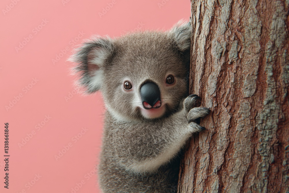 Poster cute koala cub clinging to a tree trunk with a playful expression against a pink background