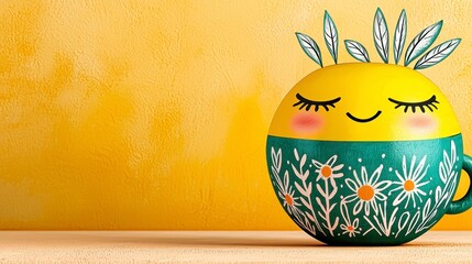 Cheerful Yellow Decorative Pot with Floral Design Against a Bright Yellow Background