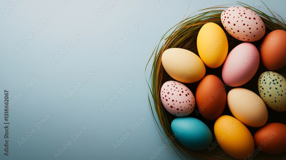 Poster basket of eggs with different colors and patterns. the basket is placed on a blue background. the eg