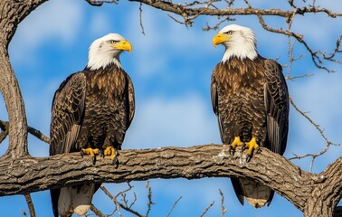 Two Majestic Bald Eagles Perched on Tree Branch Against Blue Sky