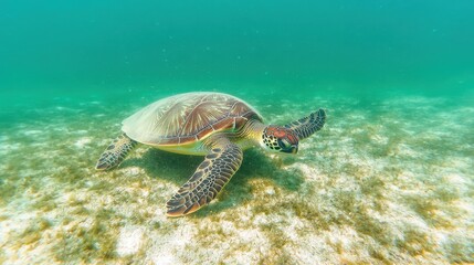 Underwater scene featuring a green sea turtle gliding over sandy seafloor with aquatic plants