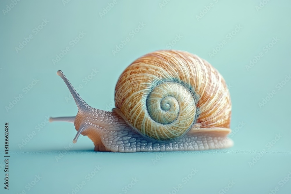 Poster snail slowly moving across a smooth, colorful surface, showcasing its intricate shell and texture in