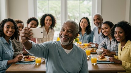 African American grandfather taking selfie with family during breakfast at home, showcasing joy, togetherness, and diversity