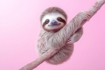 Fototapeta premium Cute sloth clinging to branch against a pastel pink background in a studio setting