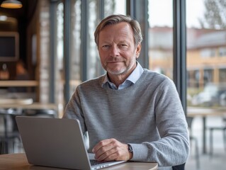 Fototapeta premium Confident Senior Man Working on Laptop in Cafe, Representing Modern Retirement and Digital Lifestyle. Perfect for retirement planning, technology, and mature adult websites.