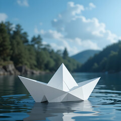 Obraz premium Paper Boat on Calm Lake Nature Scene