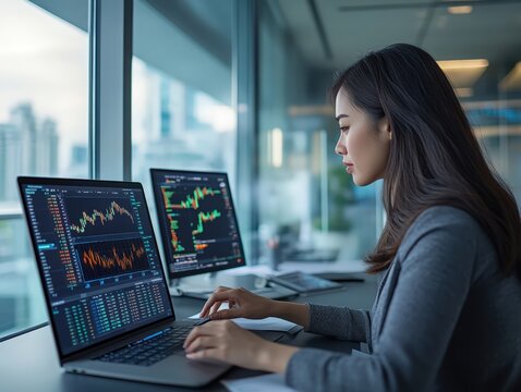 Focused businesswoman analyzing financial data on laptop and monitor, symbolizing success, ambition, and modern finance. Ideal for business websites, stock market reports, financial technology, and in