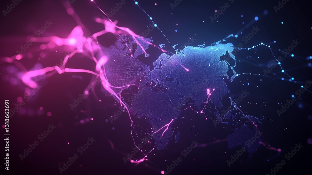 Poster a high-tech futuristic scene featuring an abstract representation of a global digital network. glowi