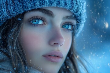 Young woman with striking blue eyes in a snowy winter setting wearing a warm hat