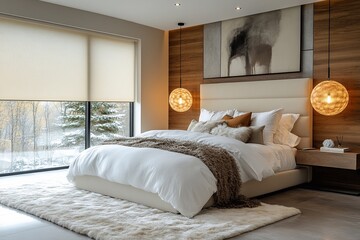 Modern and cozy bedroom design featuring neutral tones and natural light in a serene setting